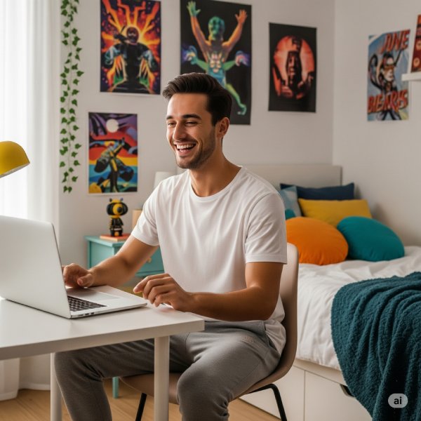 Joven participando en una entrevista por videollamada desde su habitación, sonriendo frente a la cámara