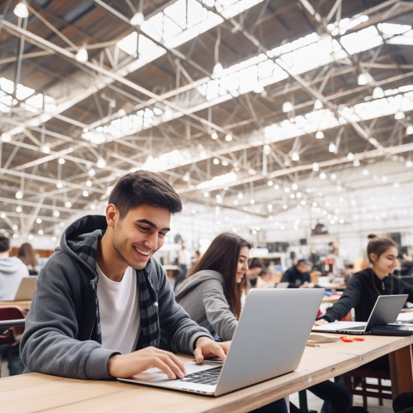 Joven estudiante trabajando desde su laptop mientras estudia, consejos para equilibrar trabajo y universidad con Talenty