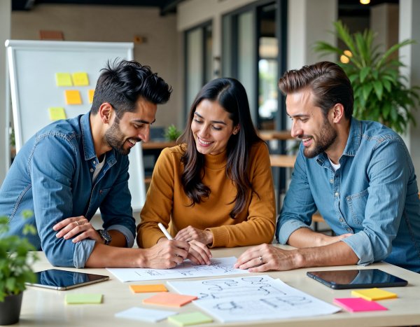 Tres jóvenes colaborando en una mesa de trabajo, representando habilidades blandas clave en perfiles junior buscados por las empresas