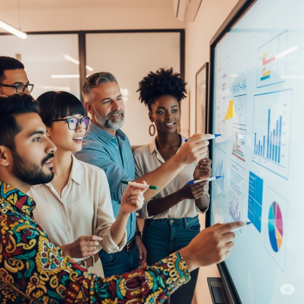 Grupo diverso de jóvenes y mentor analizando oportunidades laborales estratégicas para conseguir el empleo ideal con Talenty