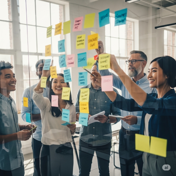 Grupo de jóvenes colaborando en una estrategia para mejorar sus postulaciones laborales, aplicando tips de Talenty